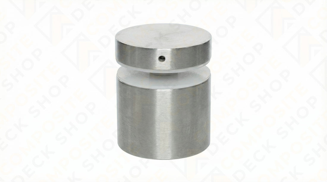 Cylindrical stainless steel glass panel standoff with a brushed finish, featuring a small hole in the upper section.