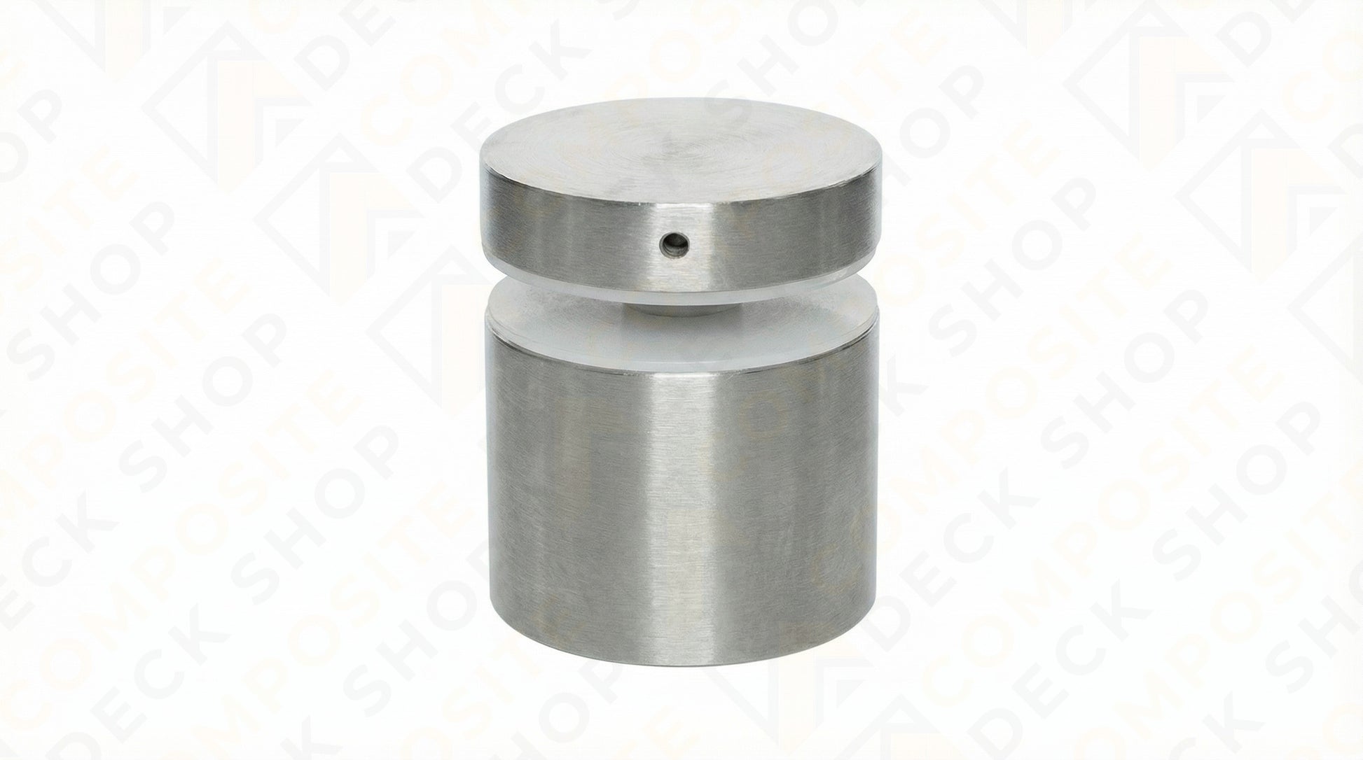 Cylindrical stainless steel glass panel standoff with a brushed finish, featuring a small hole in the upper section.
