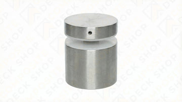 Cylindrical stainless steel glass panel standoff with a brushed finish, featuring a small hole in the upper section.