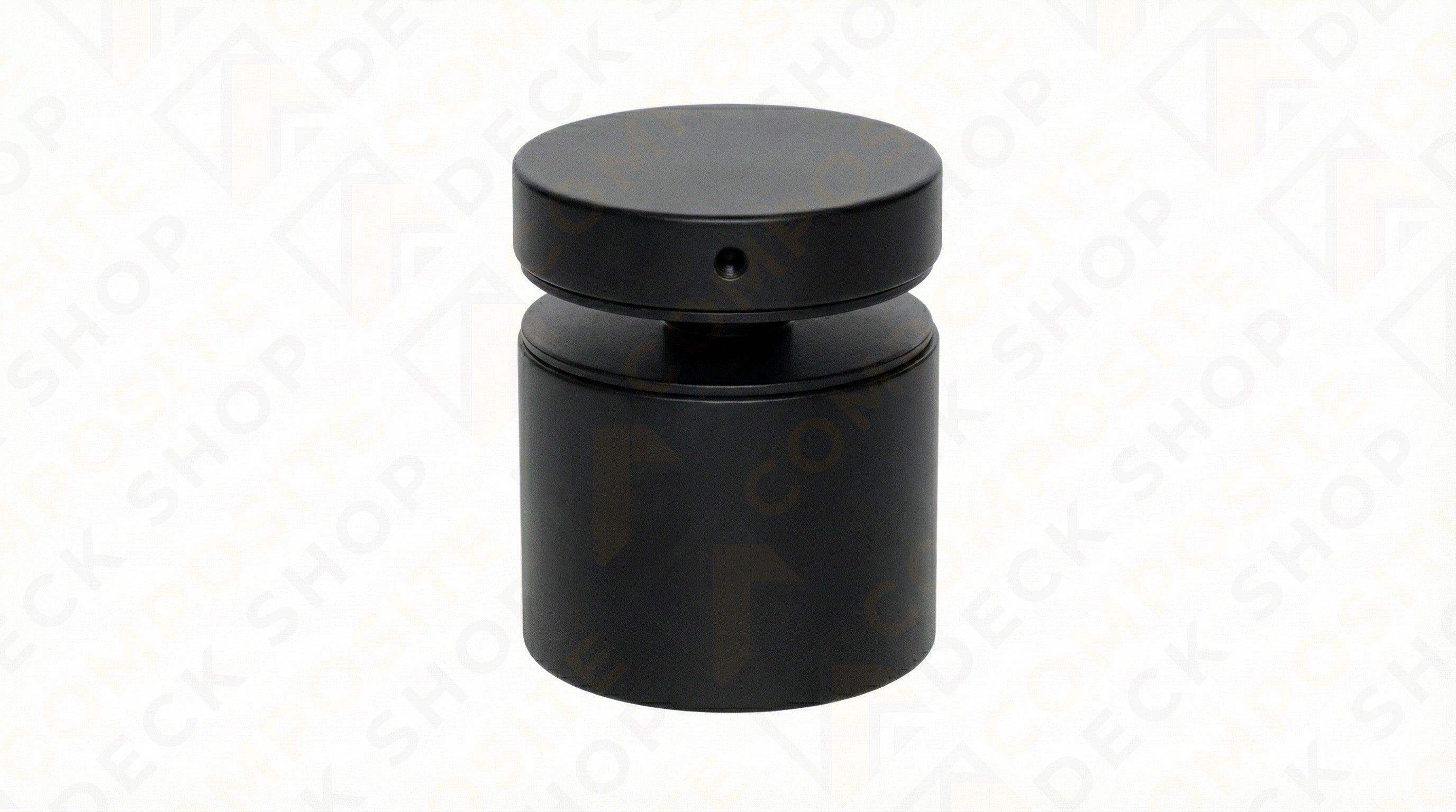 Black metal 2" Diameter Standoff with a cylindrical shape and flat top, ideal for frameless glass railing projects.
