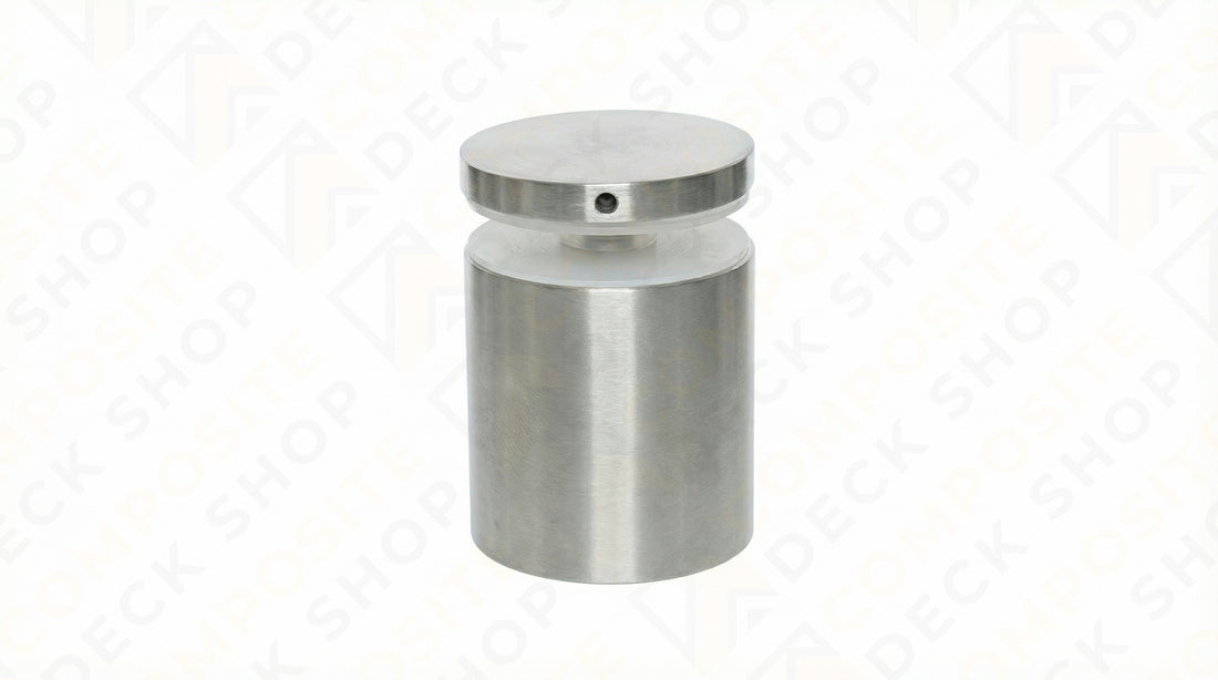 Cylindrical stainless steel glass panel standoff with a brushed finish, featuring a small hole in the upper section.