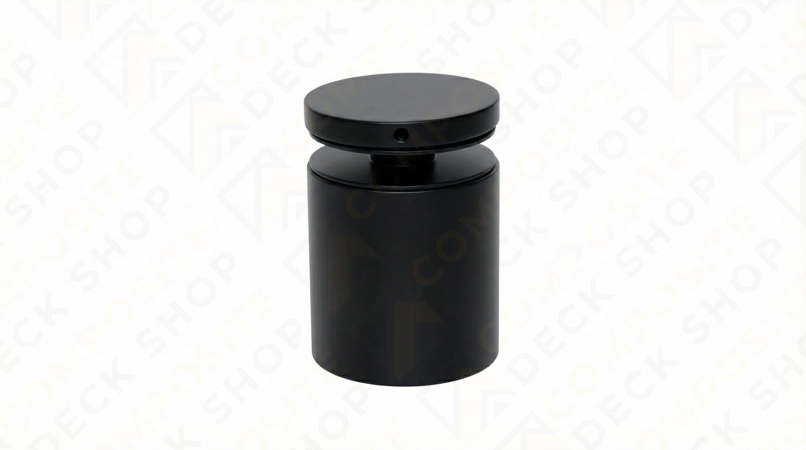 Black cylindrical 2" diameter standoff with a flat top, ideal for frameless glass railing, on white with faint text and logos.
