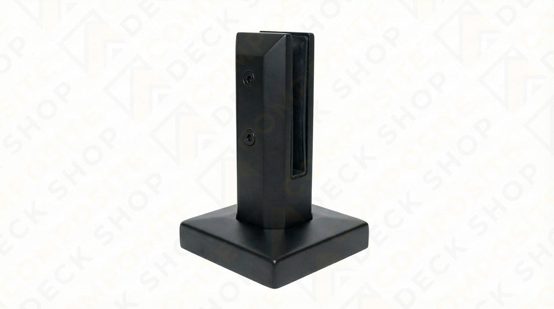 Stainless steel glass clamp with a square base, ideal for frameless glass railing and securing panels in glass railing systems.
