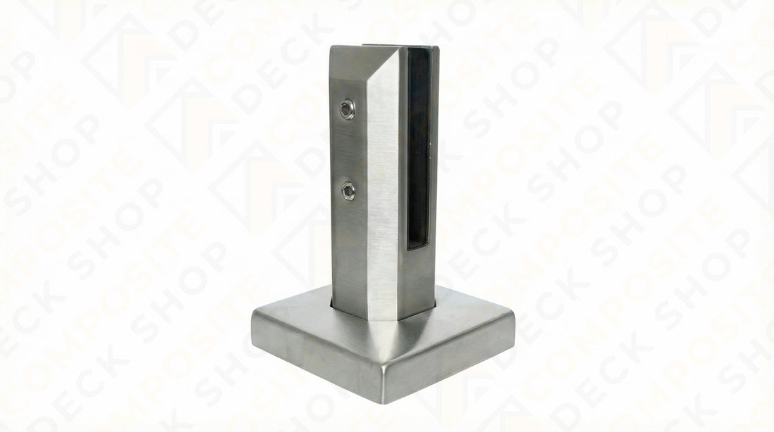 Stainless steel glass clamp with a square base, ideal for frameless glass railing and securing panels in glass railing systems.
