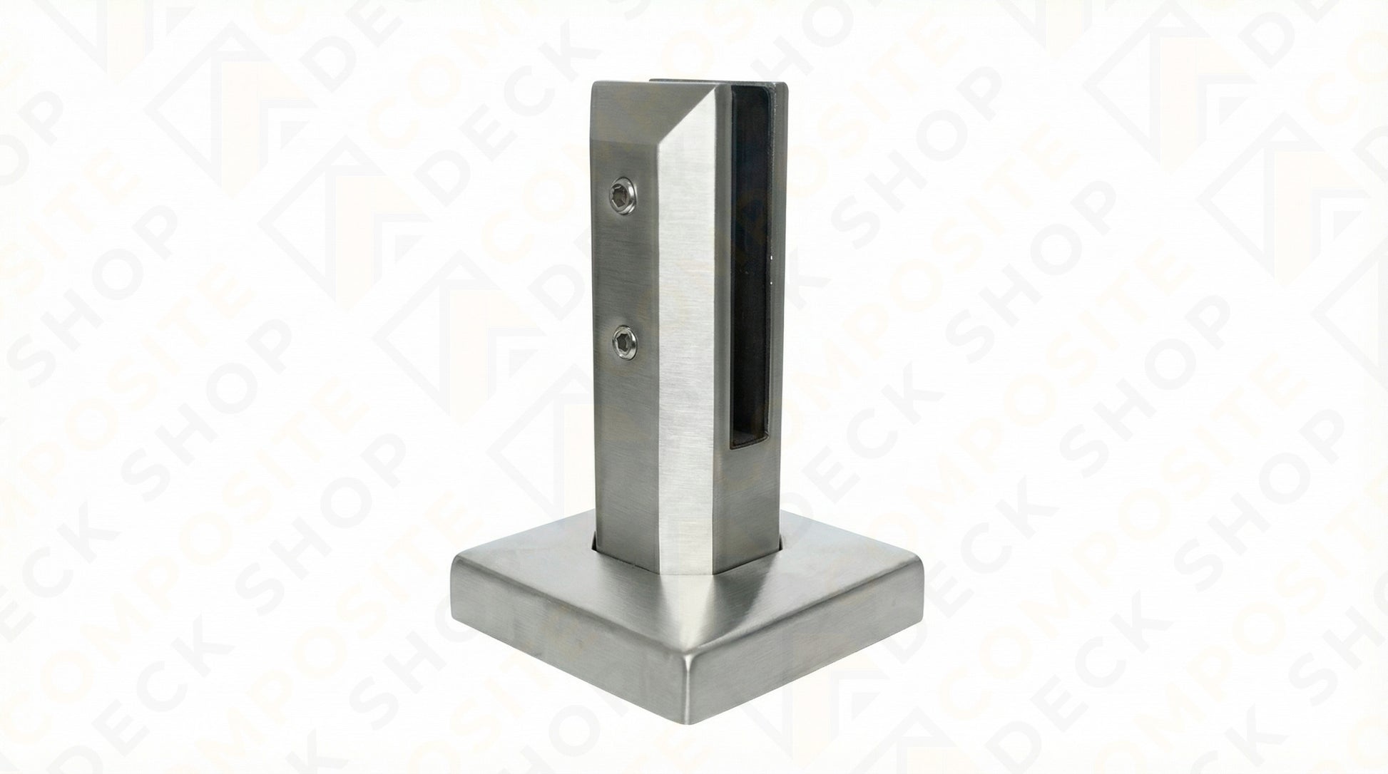 Stainless steel glass clamp with a square base, ideal for frameless glass railing and securing panels in glass railing systems.