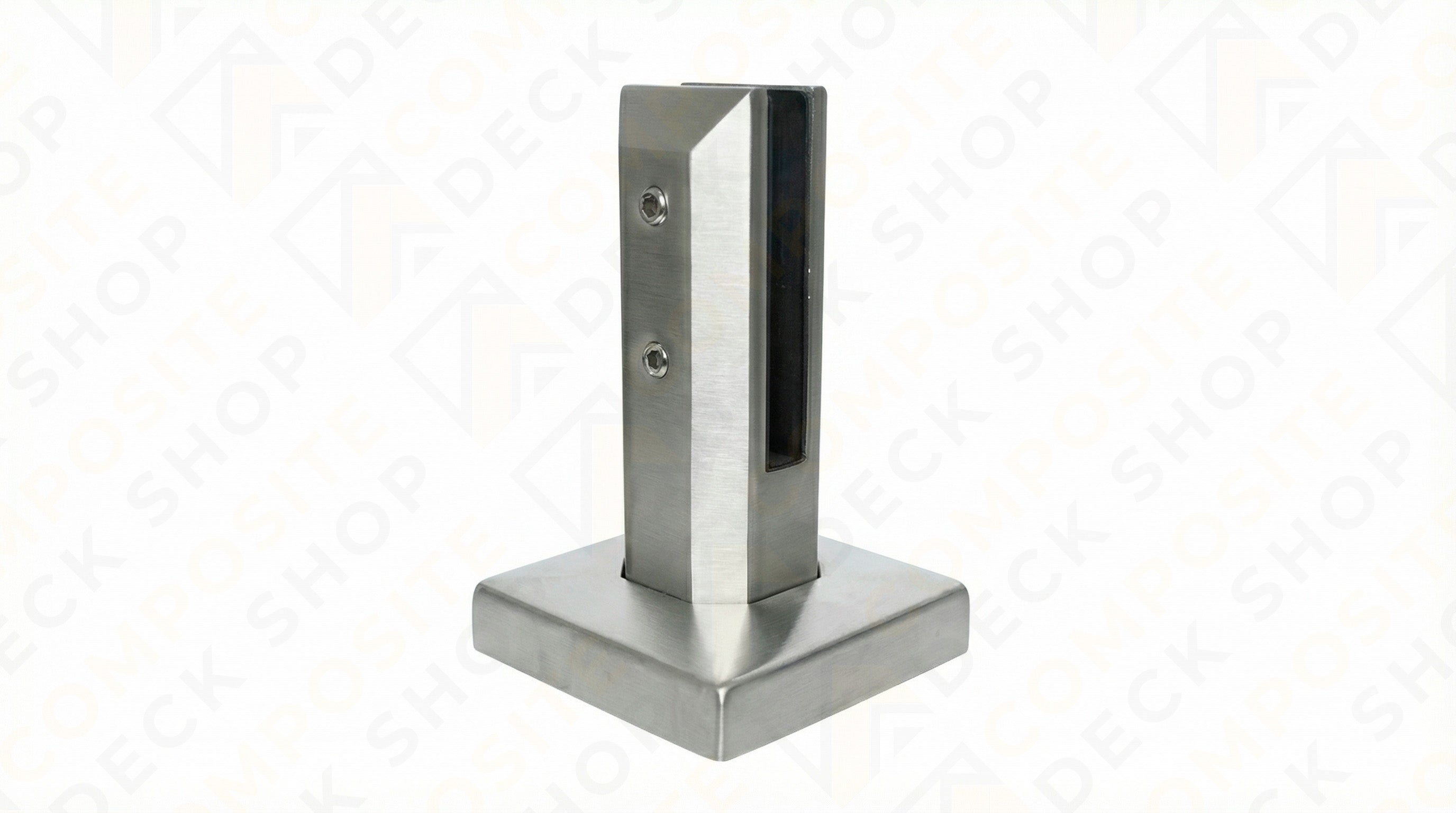 Stainless steel glass clamp with a square base, ideal for frameless glass railing and securing panels in glass railing systems.