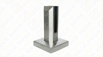 Stainless steel glass clamp with a square base, ideal for frameless glass railing and securing panels in glass railing systems.