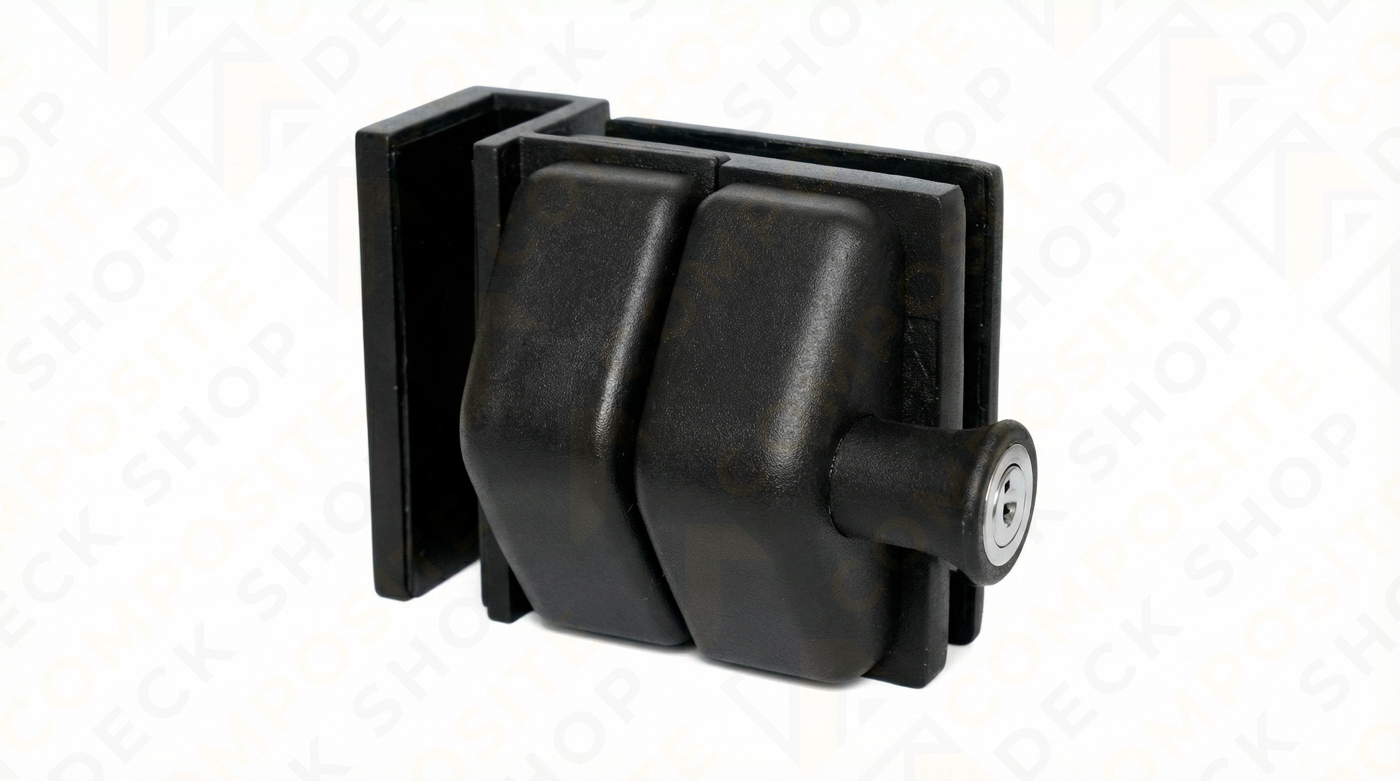 Black plastic component on a white background