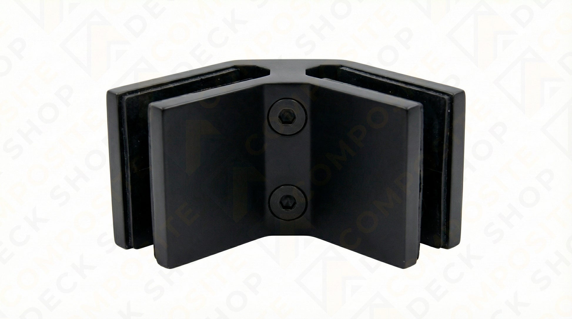 Black metal 90° connector bracket with two screws, ideal for frameless glass railing and glass railing systems.