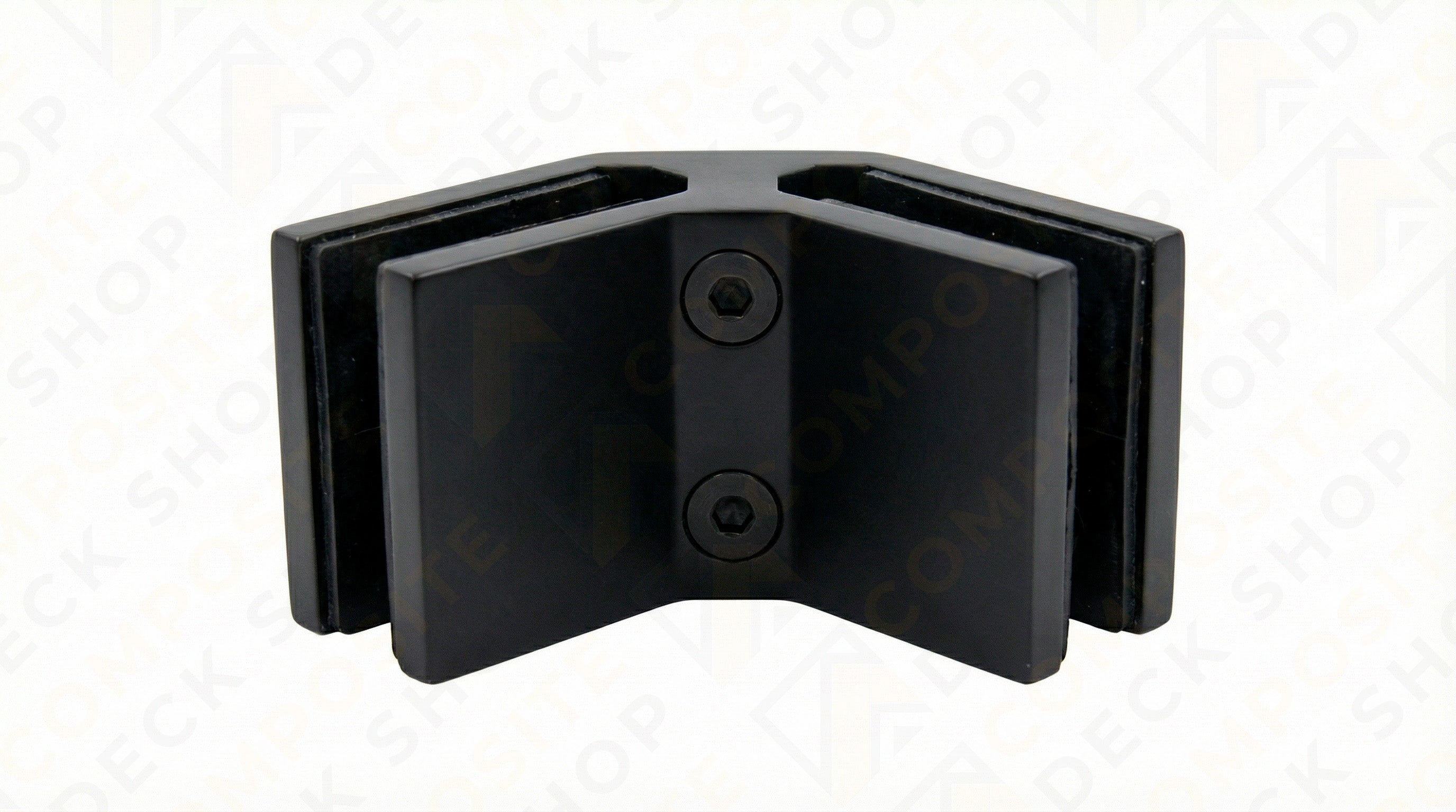 Black metal 90° connector bracket with two screws, ideal for frameless glass railing and glass railing systems.