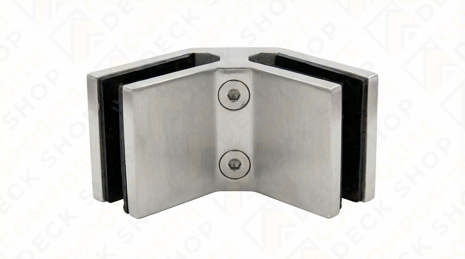 Stainless steel 90° connector bracket with two screws, ideal for frameless glass railing and securing panels at corners.