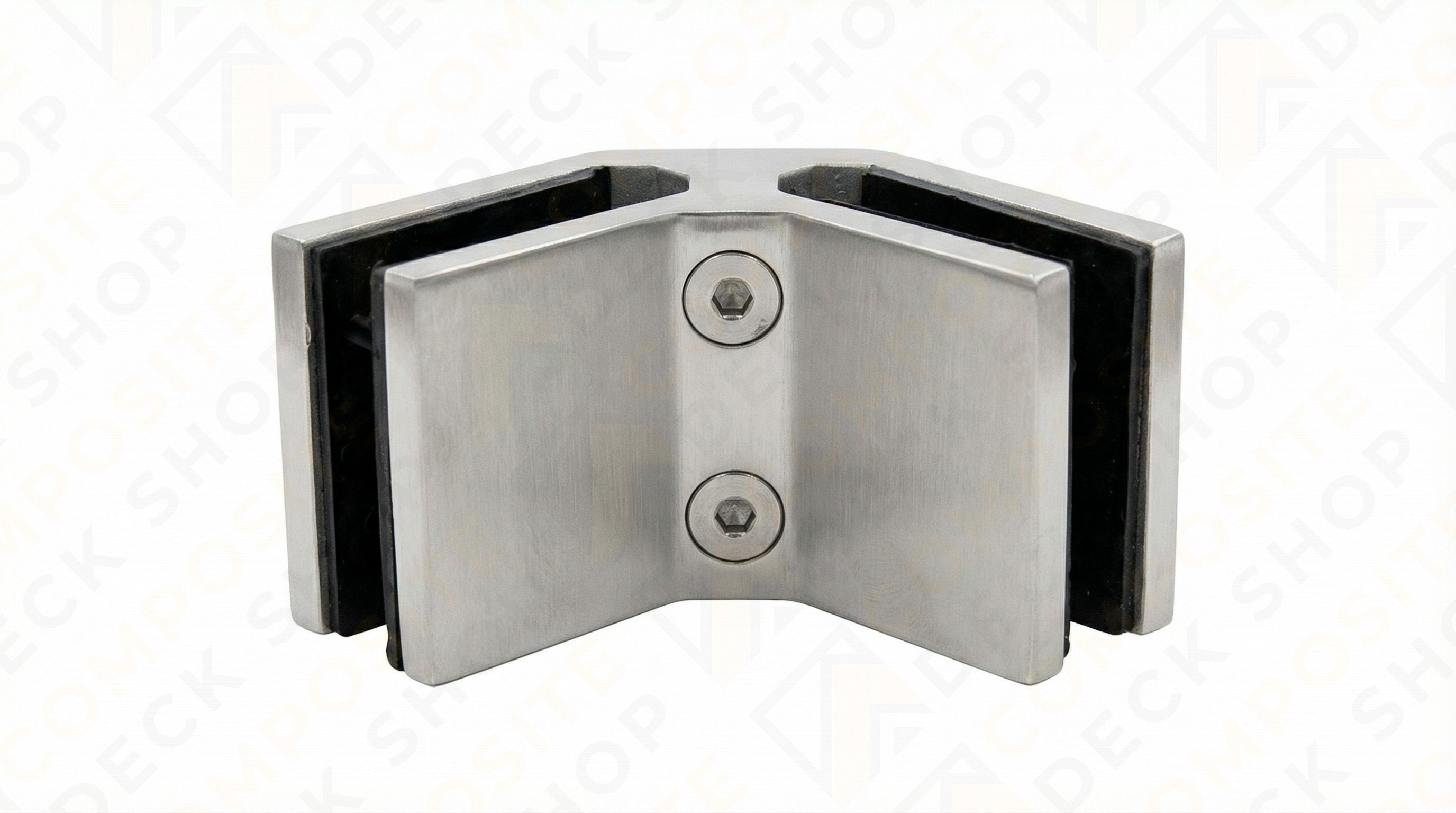 Stainless steel 90° connector bracket with two screws, ideal for frameless glass railing and securing panels at corners.