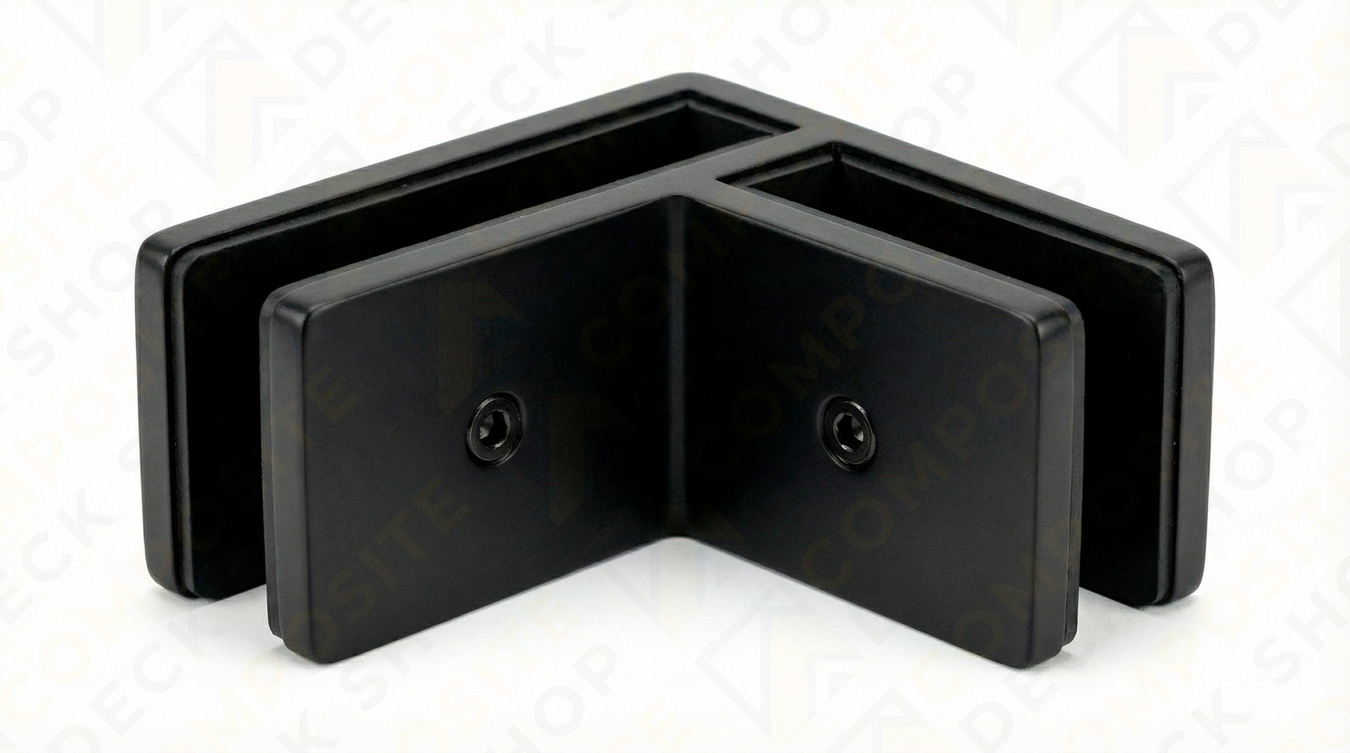 Black metal 90° connector bracket with two mounting holes, ideal for joining frameless glass railing or glass panels.