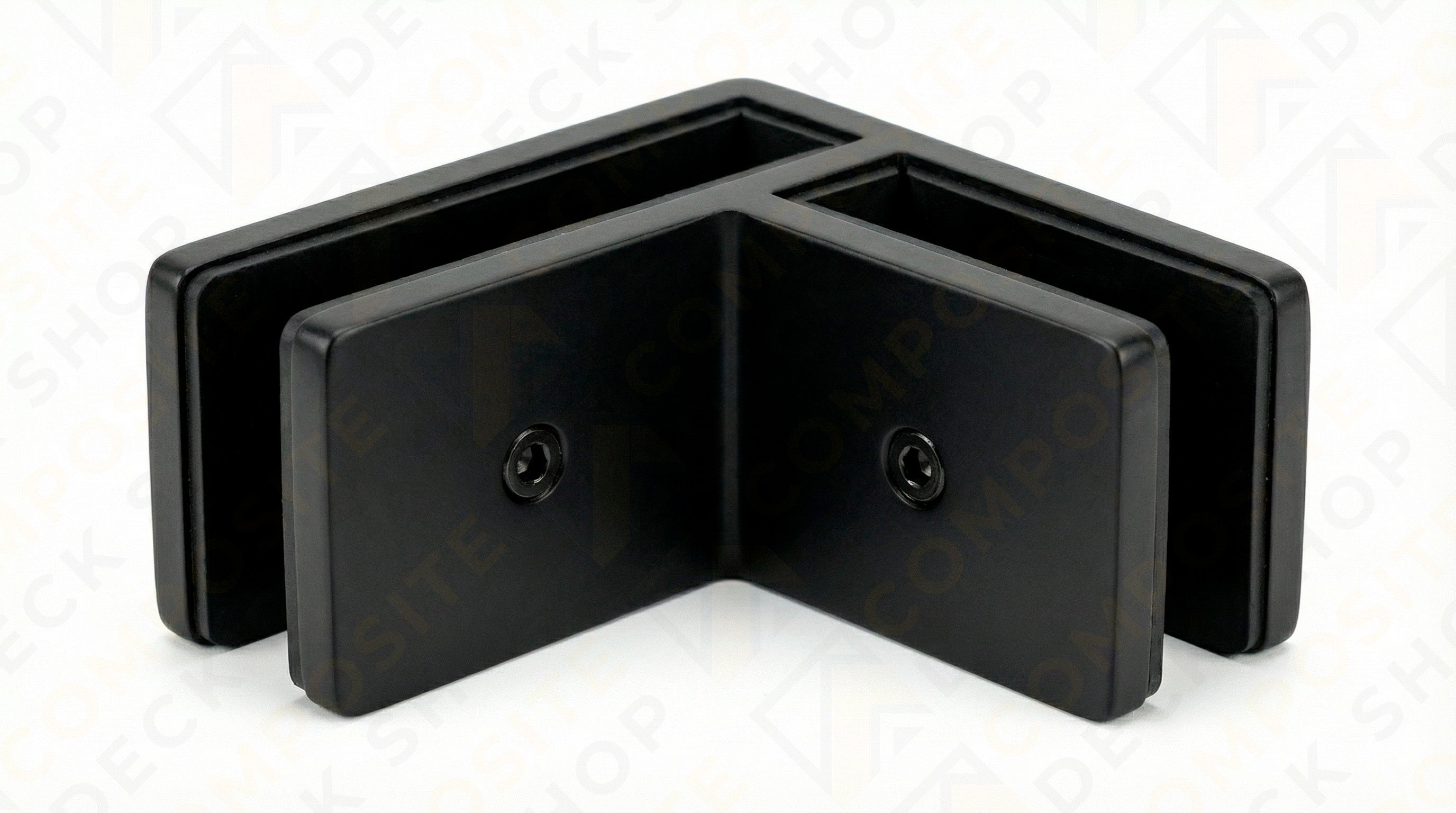 Black metal 90° connector bracket with two mounting holes, ideal for joining frameless glass railing or glass panels.