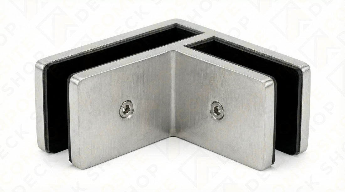 Stainless steel 90° Connector with two screw holes, ideal for securing glass panels in Frameless Glass Railing systems.