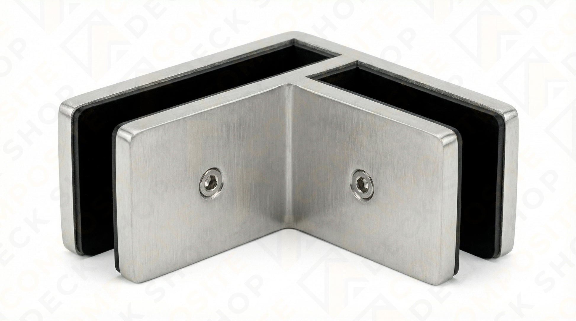 Stainless steel 90° Connector with two screw holes, ideal for securing glass panels in Frameless Glass Railing systems.