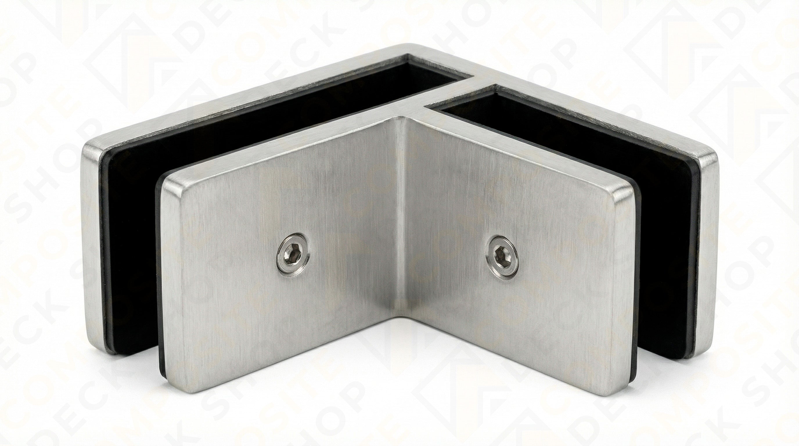 Stainless steel 90° Connector with two screw holes, ideal for securing glass panels in Frameless Glass Railing systems.