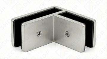 Stainless steel 90° Connector with two screw holes, ideal for securing glass panels in Frameless Glass Railing systems.