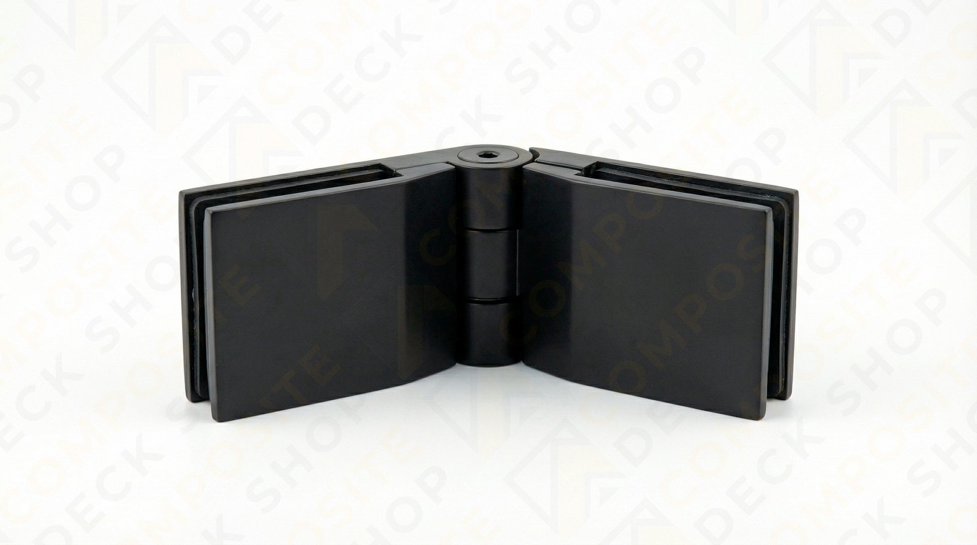 Black plastic hinge connector with two flat sides, ideal for frameless glass railing or glass panels.