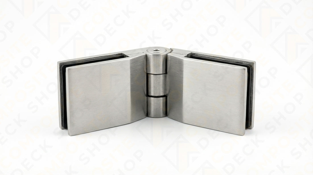 Stainless steel glass-to-glass hinge for frameless glass railing with two plates and a central pivot, shown on plain background.