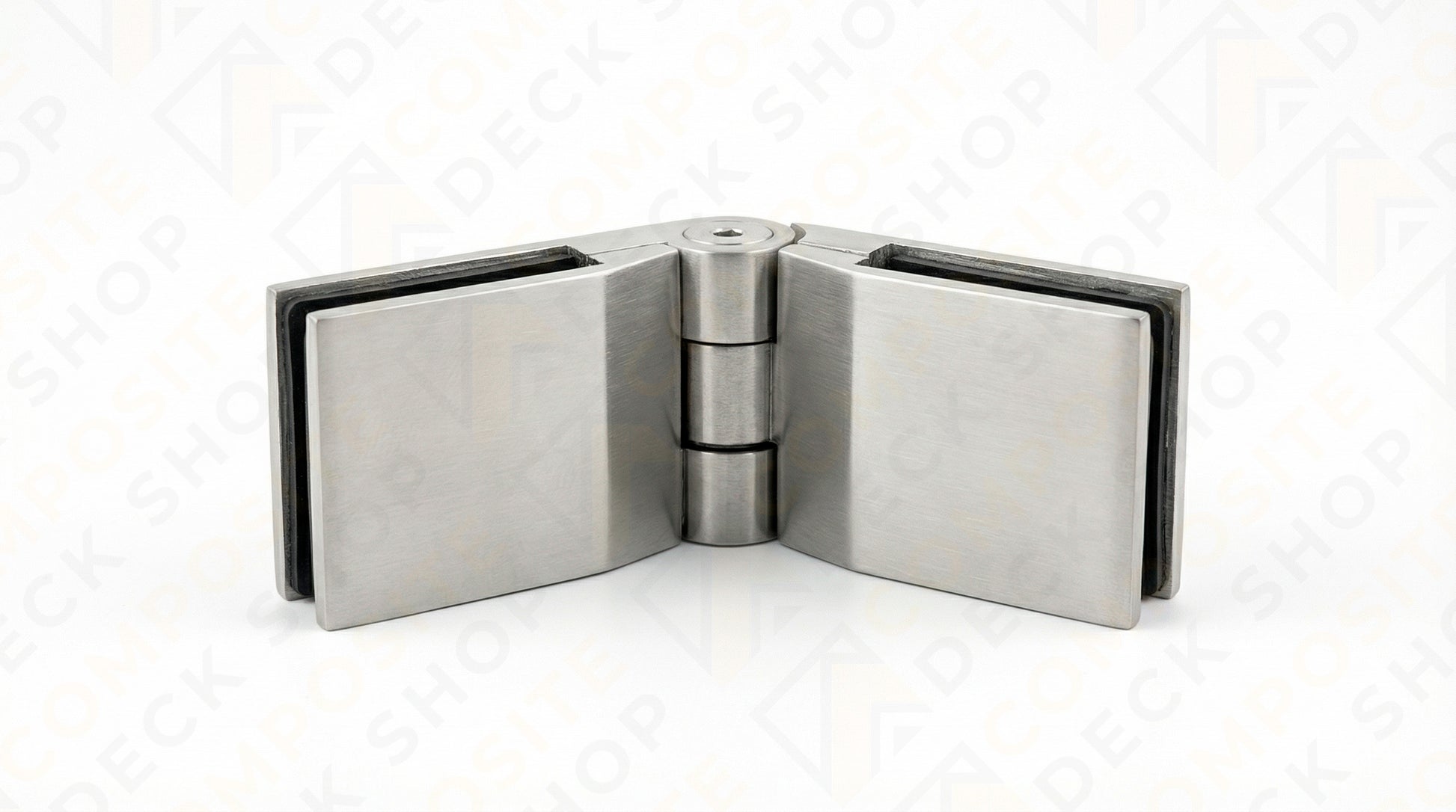 Stainless steel glass door hinge with a central pivot for securing two frameless glass panels at an angle.