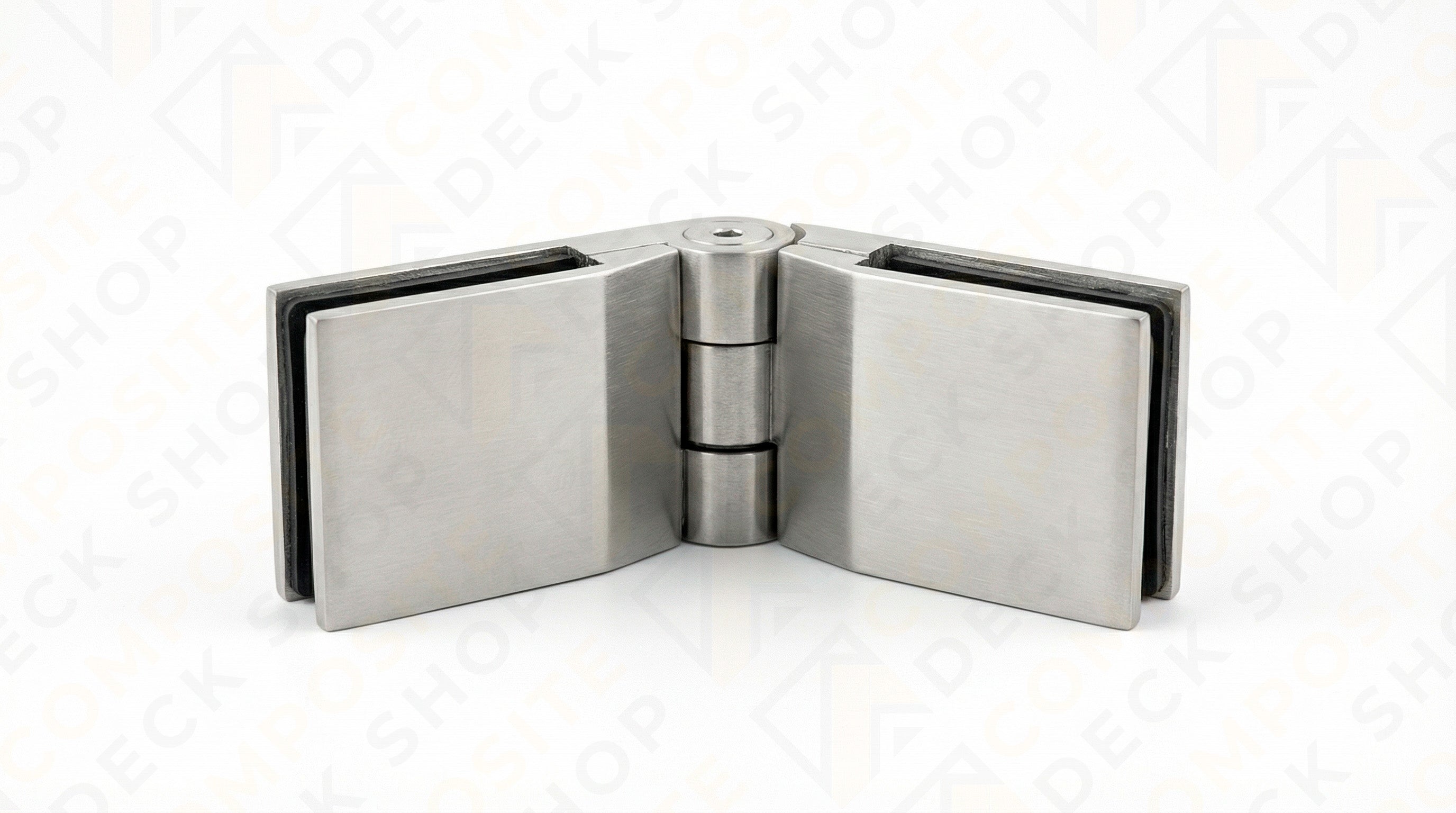 Stainless steel glass door hinge with a central pivot for securing two frameless glass panels at an angle.