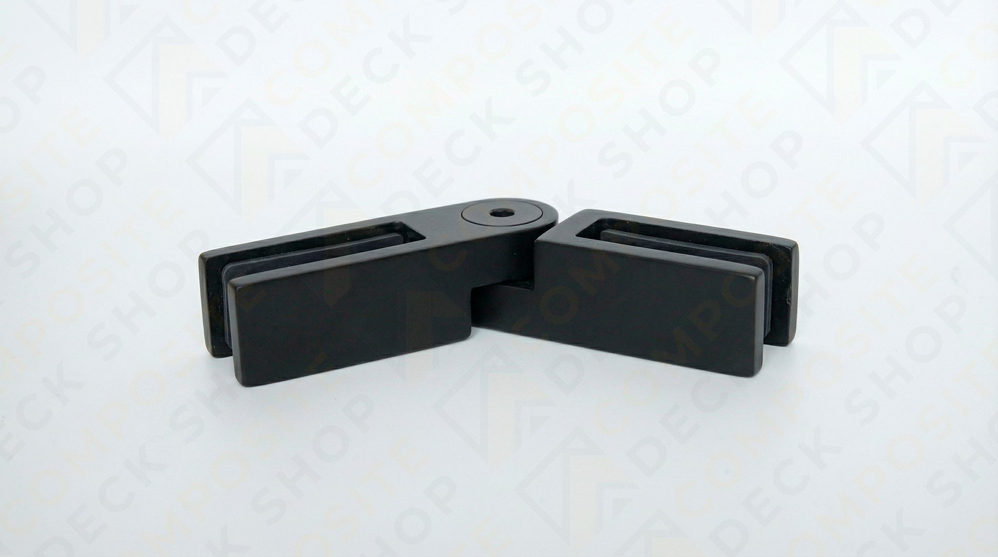 Black metal glass door hinge with rectangular plates, ideal for glass panels or frameless glass railing installations.