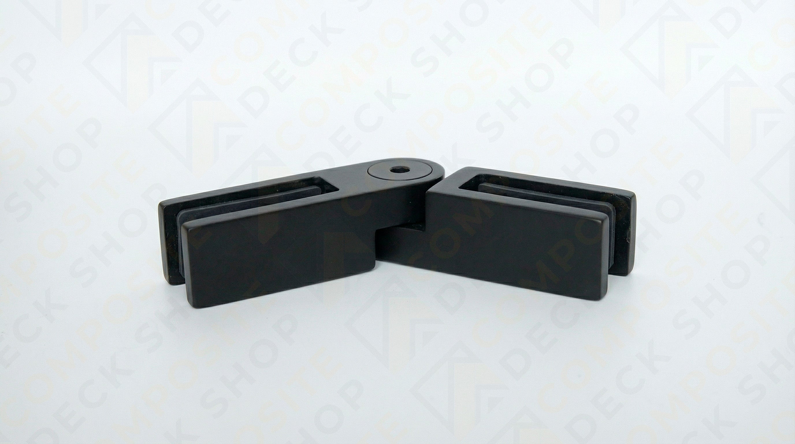 Black metal glass door hinge with rectangular plates, ideal for glass panels or frameless glass railing installations.