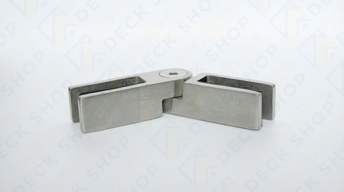Stainless steel glass-to-glass hinge for frameless glass railing with two plates and a central pivot, shown on plain background.