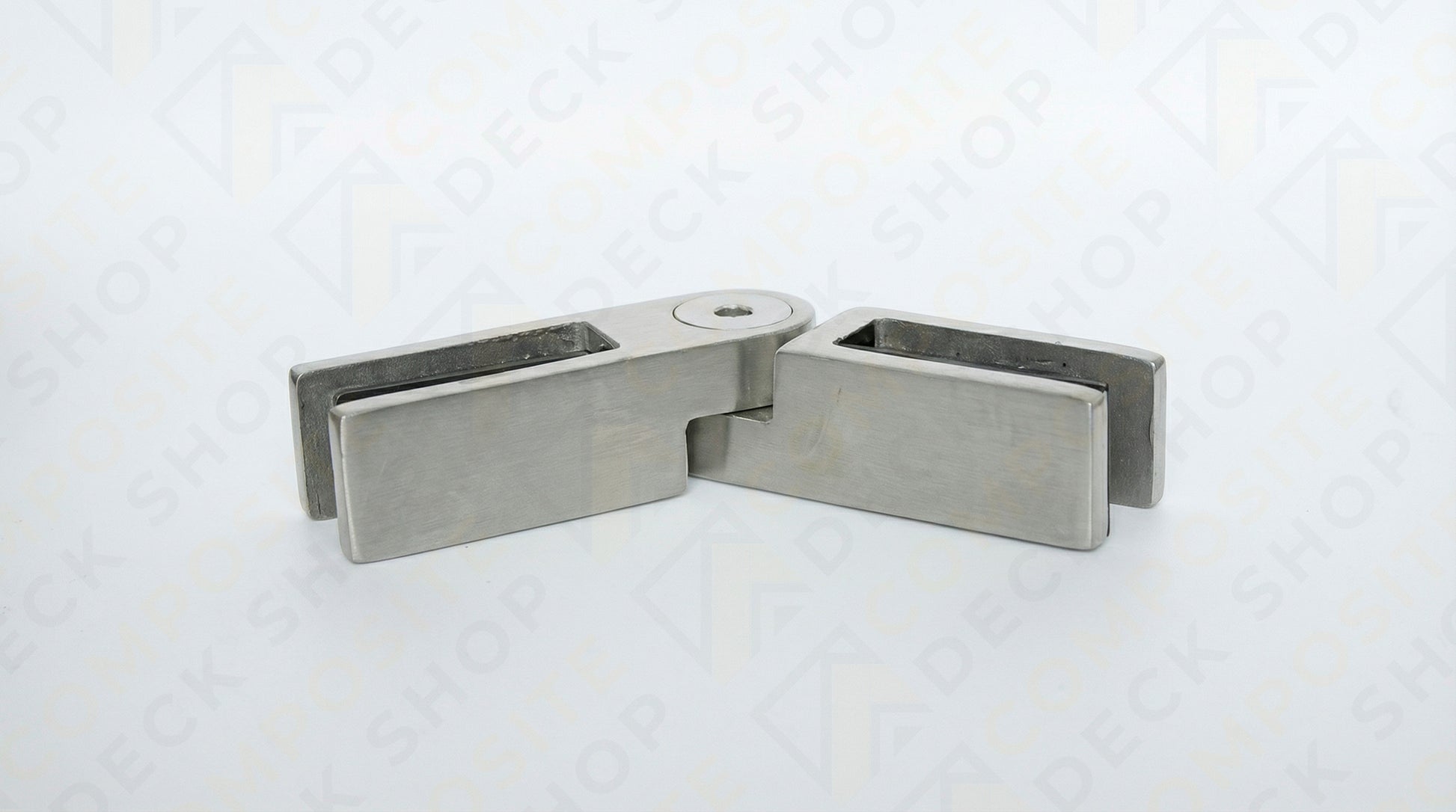 Stainless steel glass-to-glass hinge for frameless glass railing with two plates and a central pivot, shown on plain background.
