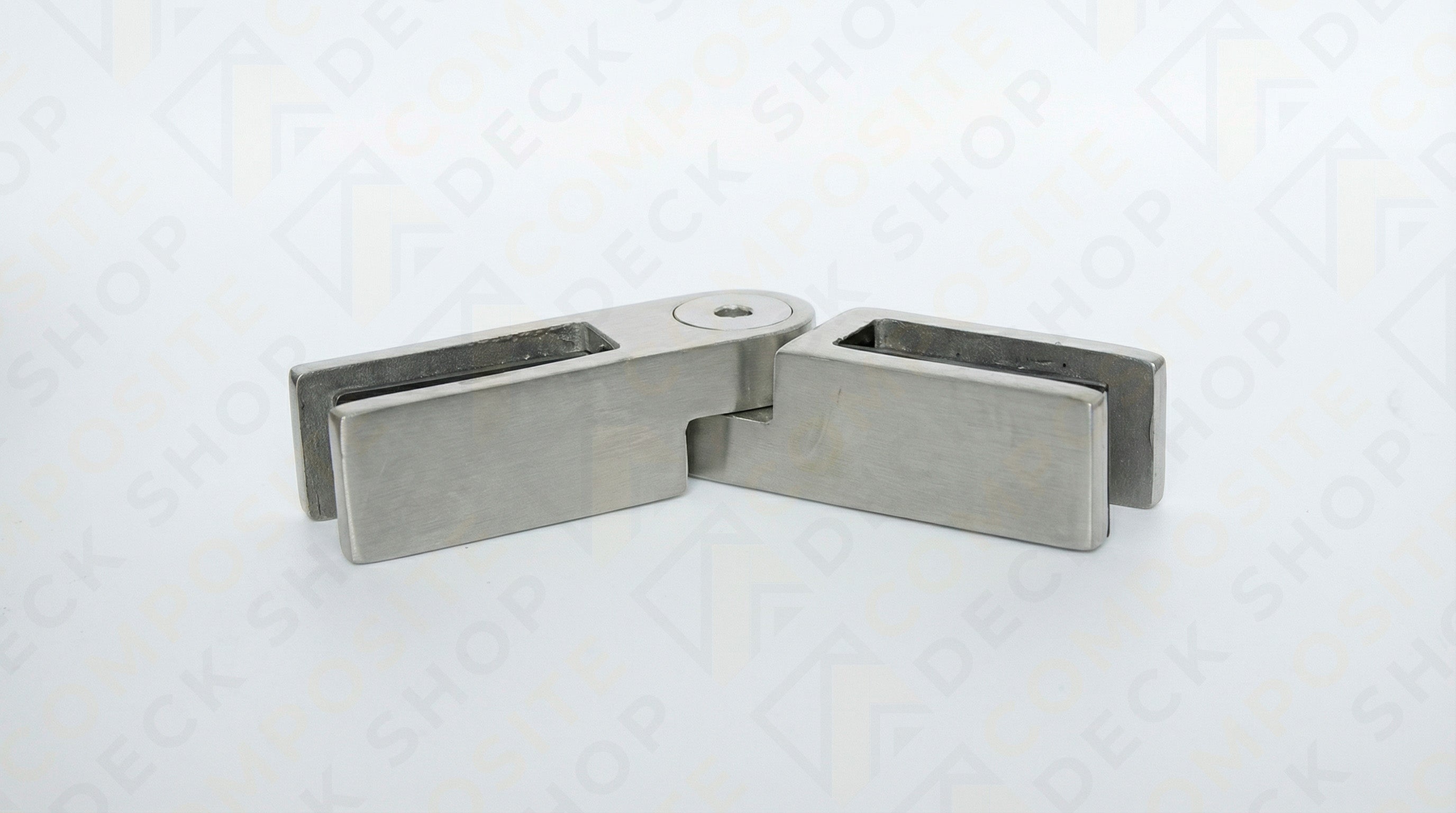 Stainless steel glass-to-glass hinge for frameless glass railing with two plates and a central pivot, shown on plain background.