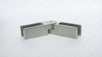 Stainless steel glass-to-glass hinge for frameless glass railing with two plates and a central pivot, shown on plain background.