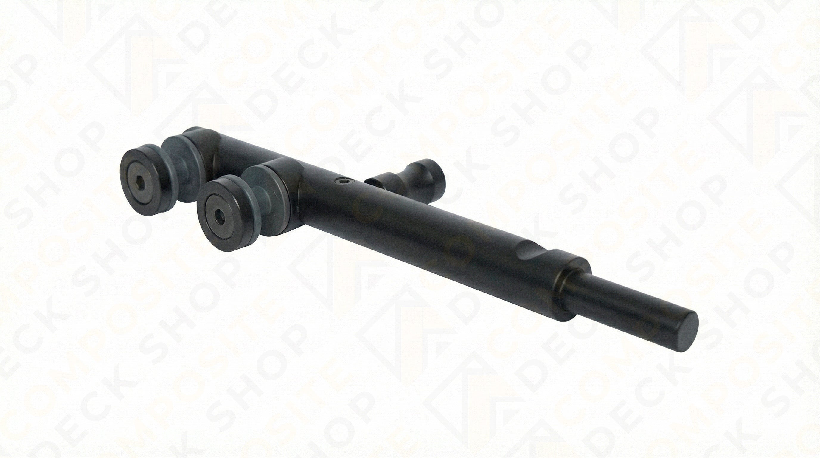 Black metal shaft with cylindrical components on a white background