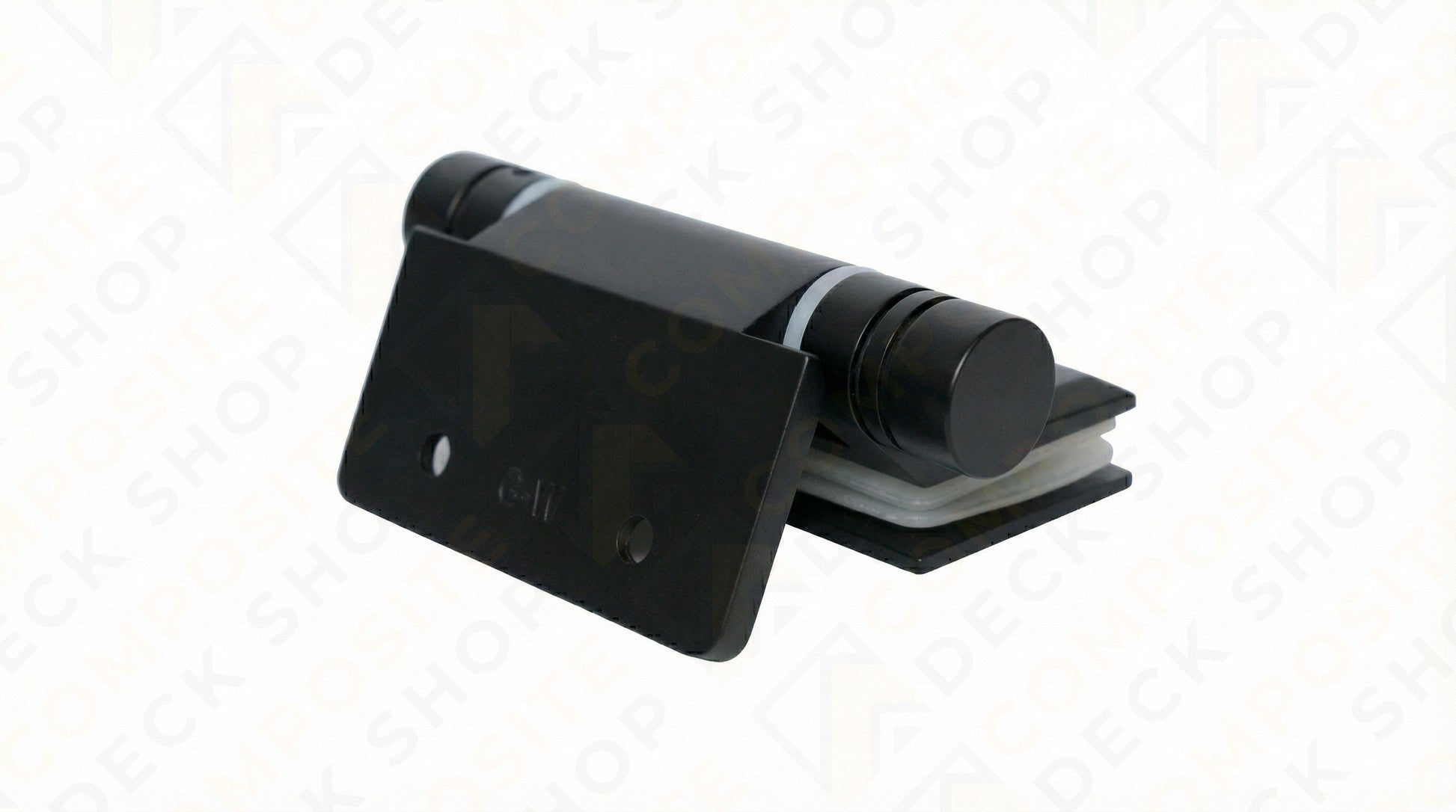 Black metal glass gate hinge kit with mounting plate for frameless glass railing, shown on a white background.