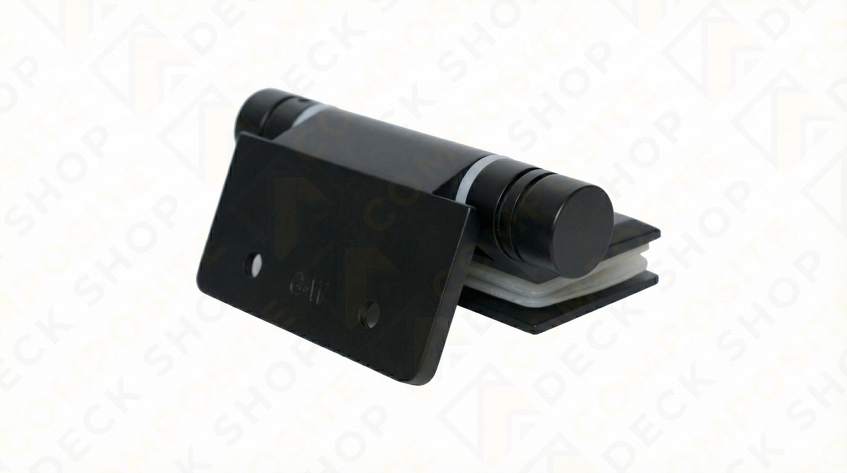 Black metal glass gate hinge kit with mounting plate for frameless glass railing, shown on a white background.