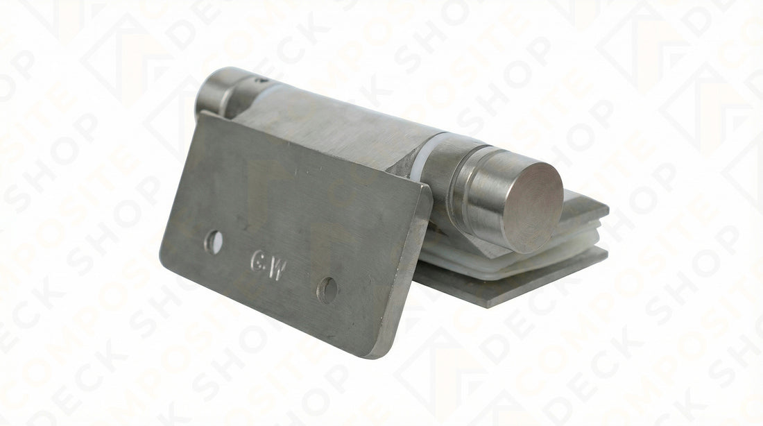 Stainless steel spring hinge kit for frameless glass railing, with two mounting plates and cylindrical pin on white background.