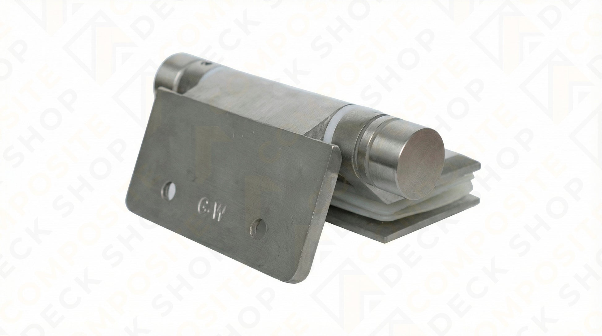 Stainless steel spring hinge kit for frameless glass railing, with two mounting plates and cylindrical pin on white background.