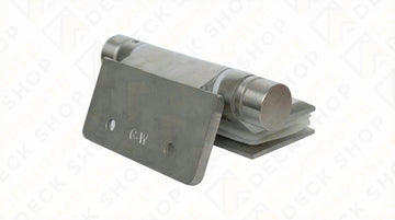 Stainless steel spring hinge kit for frameless glass railing, with two mounting plates and cylindrical pin on white background.