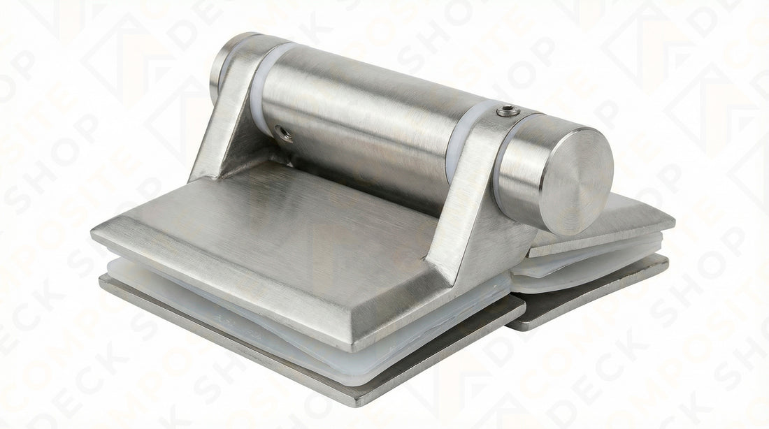 Stainless steel spring hinge kit for frameless glass railing, with two mounting plates and cylindrical pin on white background.