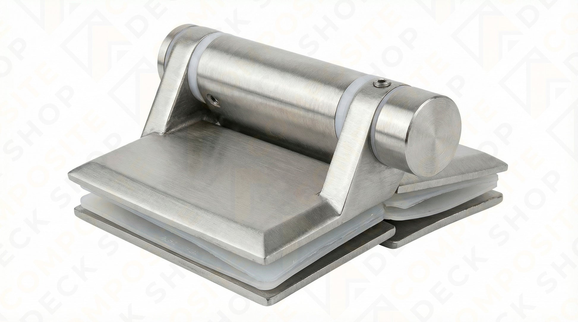 Stainless steel glass clamp for frameless glass railing with two flat plates and a cylindrical hinge on a white background.