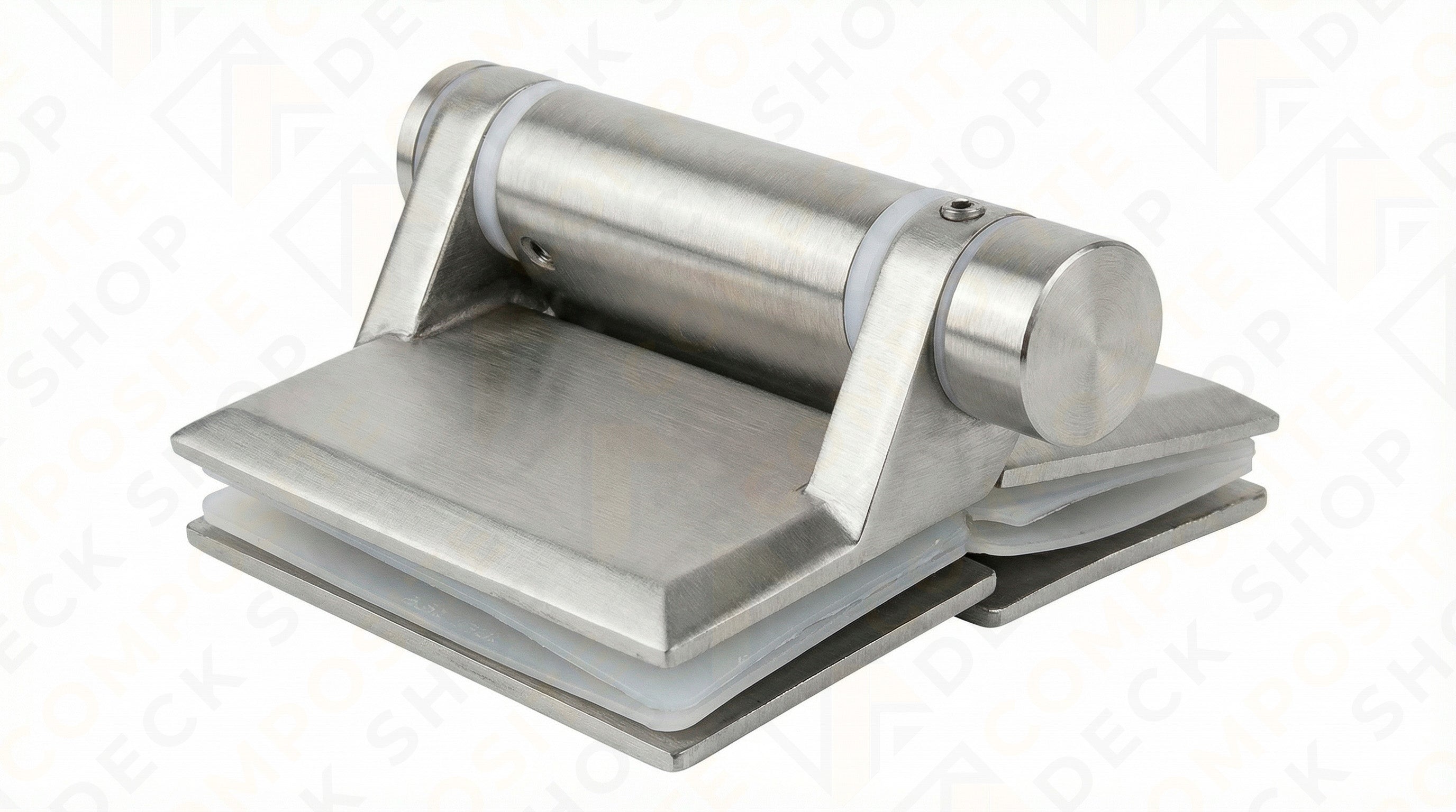 Stainless steel glass clamp for frameless glass railing with two flat plates and a cylindrical hinge on a white background.