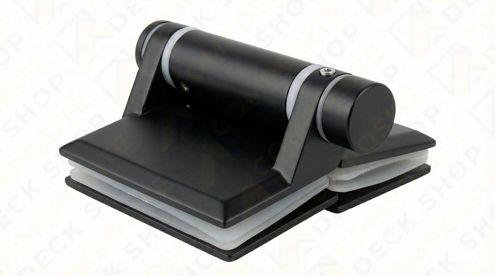 Black rectangular skateboard truck with white bushings, resembling glass railing hardware, on a light background.