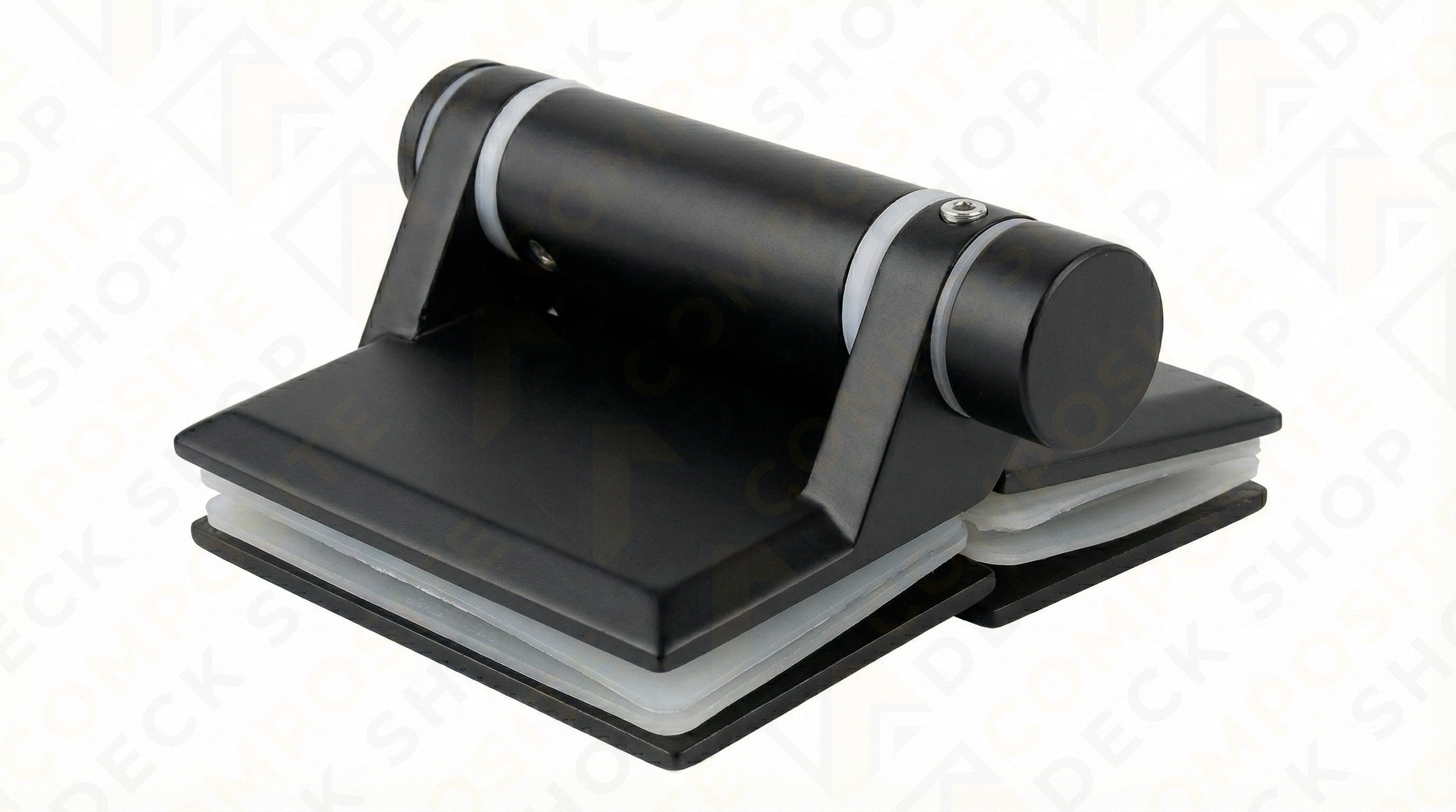 Black rectangular skateboard truck with white bushings, resembling glass railing hardware, on a light background.