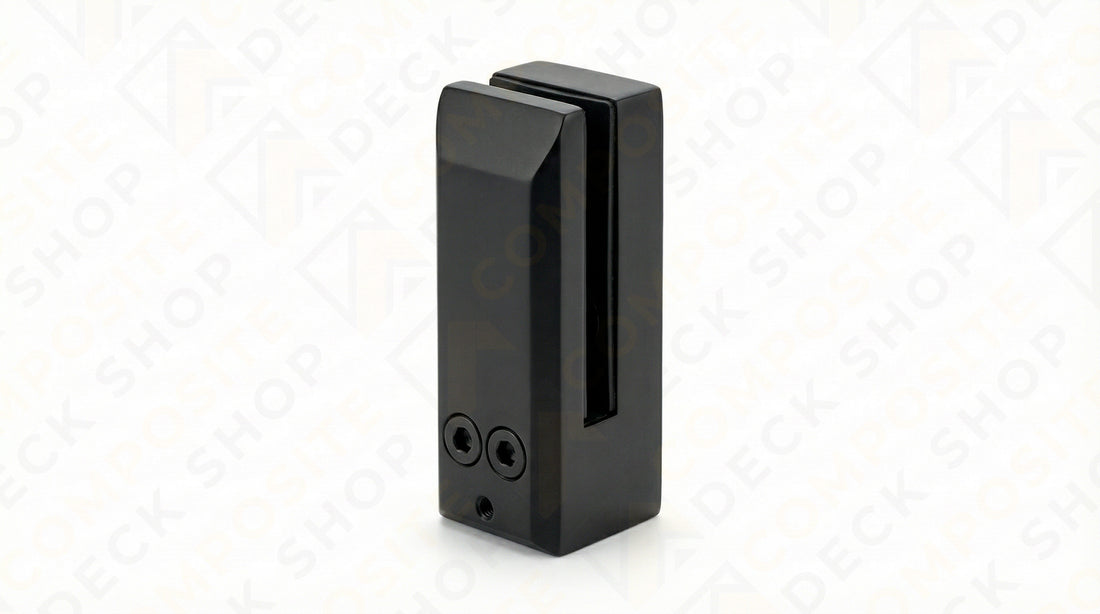 Stainless steel glass clamp with two visible screws, ideal for securing panels in frameless glass railing systems.