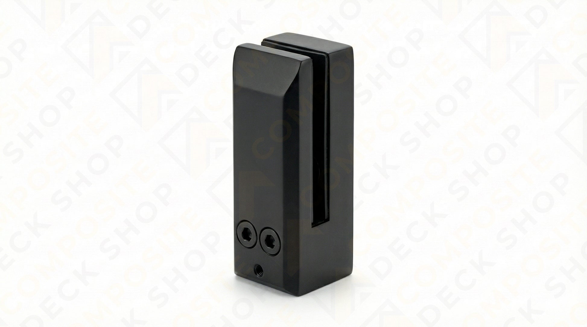 Black metal sidemount spigot bracket with two screws and a vertical slot for frameless glass railing systems.