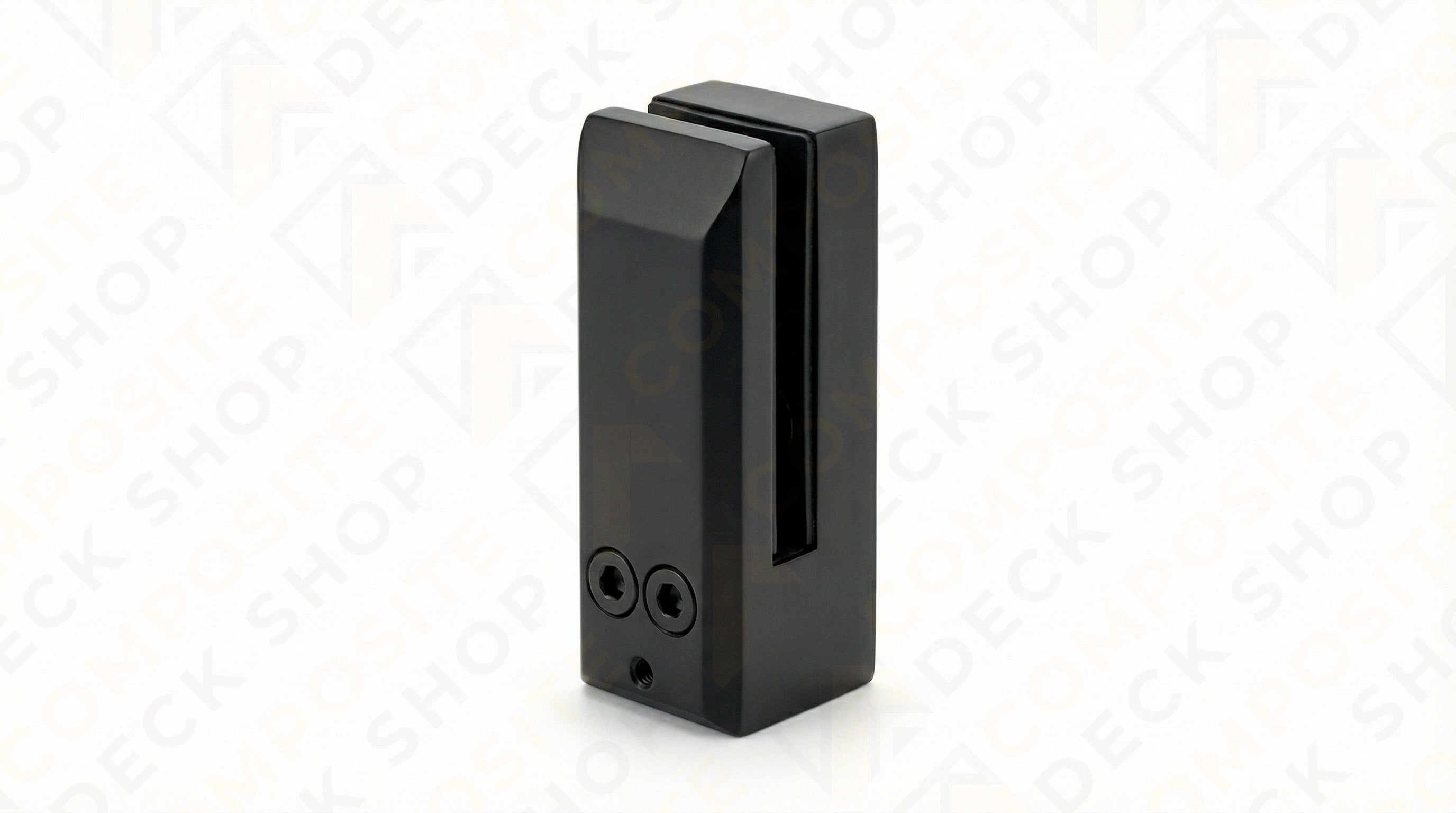 Black metal sidemount spigot bracket with two screws and a vertical slot for frameless glass railing systems.
