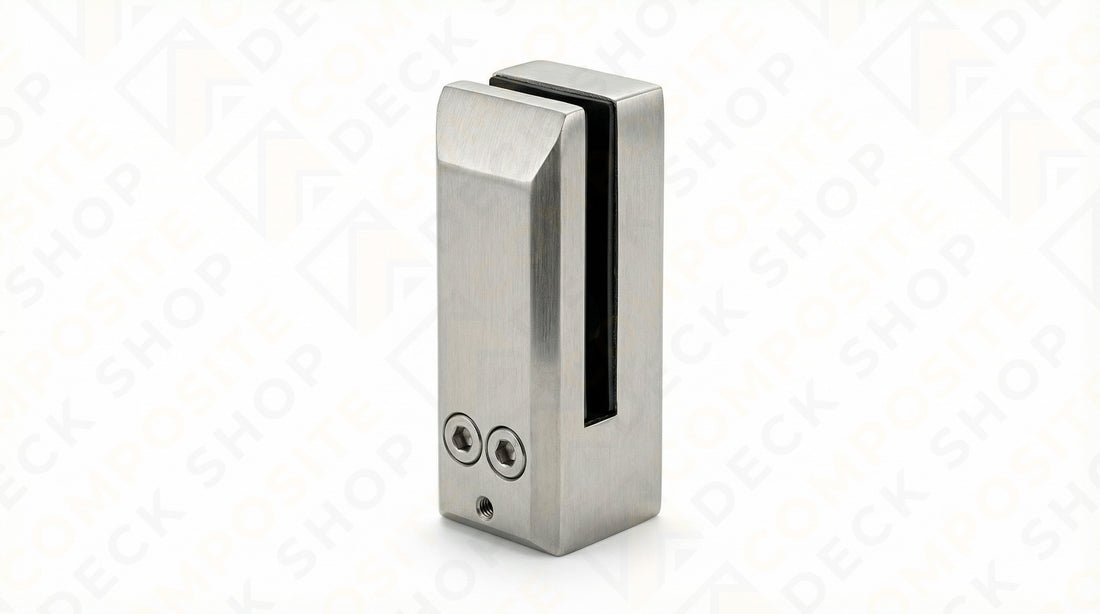 Stainless steel glass clamp with two visible screws, ideal for securing panels in frameless glass railing systems.