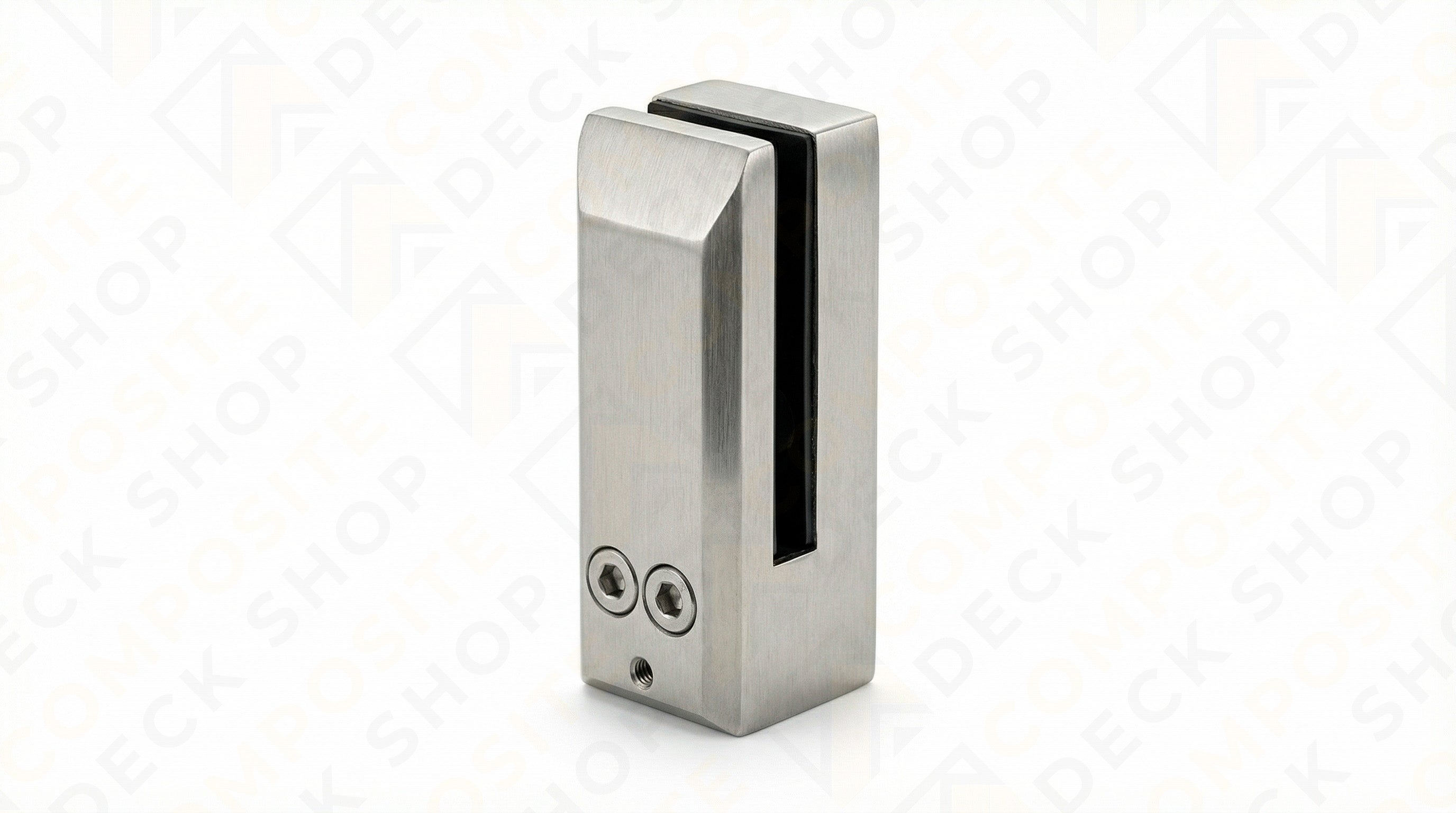 Stainless steel glass clamp with two visible screws, ideal for securing panels in frameless glass railing systems.