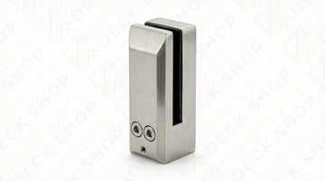 Stainless steel glass clamp with two visible screws, ideal for securing panels in frameless glass railing systems.
