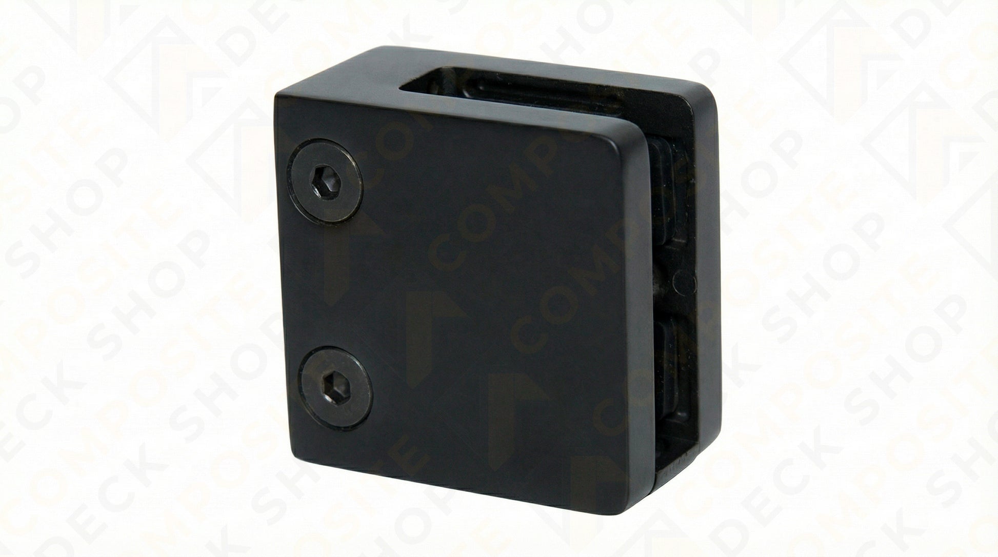 Black rectangular glass clamp with two visible screws, ideal for frameless glass railing or securing glass panels.